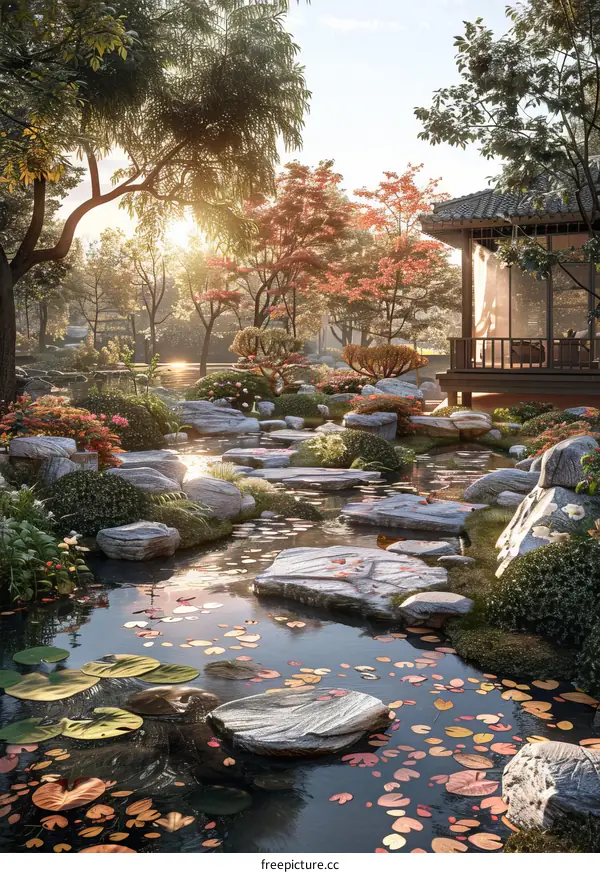 Zen Japanese Garden with Lotus Pond and Stone Pathways