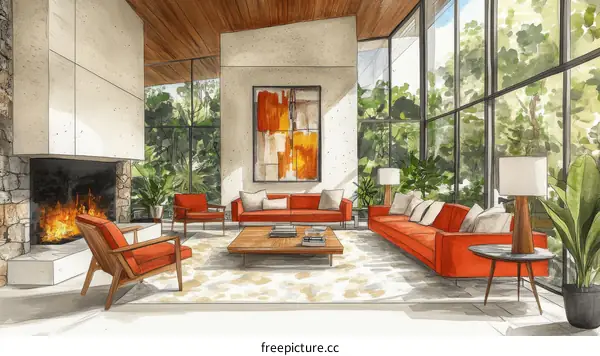Mid-Century Modern Living Room Illustration