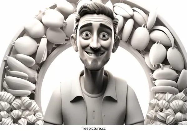 Man with beard and mustache wearing a white shirt and gray vest inside frame of fruits and vegetables