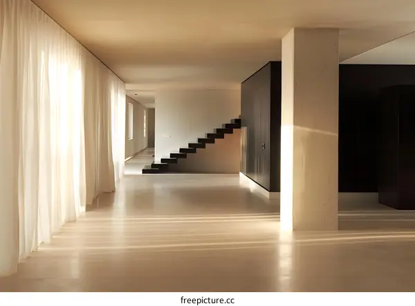 Modern Minimalist Interior Design With White Curtains and Black Stairs
