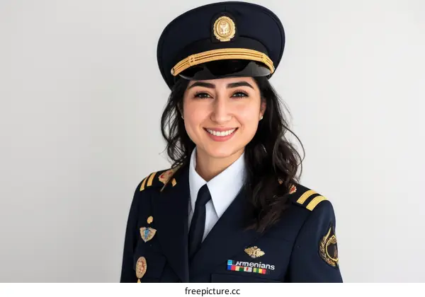 Portrait of a smiling Armenian female pilot in uniform