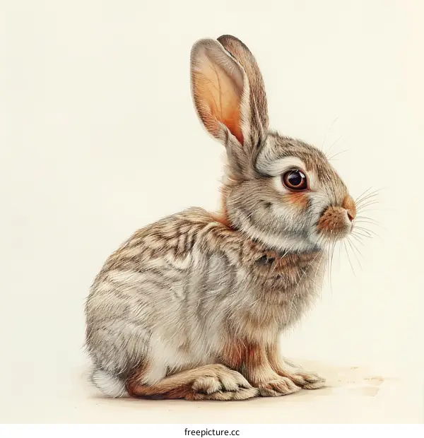 A cute bunny rabbit sits on a white background