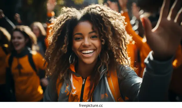 Smiling woman with curly hair in a group of people