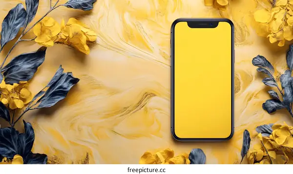 Yellow Flowers and Smartphone on Marble Background