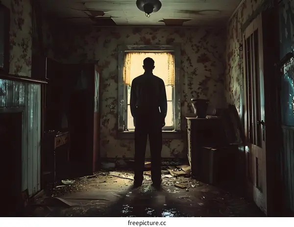 Silhouette of a Man Standing in a Abandoned House