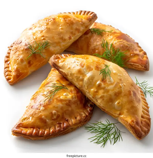 Four baked turnovers on a white surface