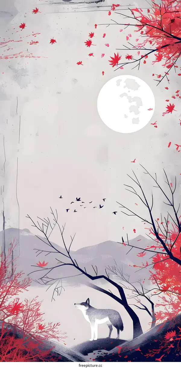 Wolf and Moon in the Forest