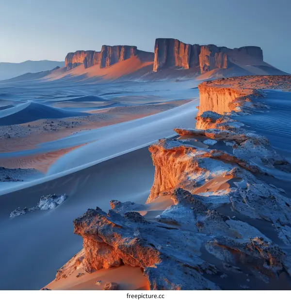 Desert landscape with rocky cliffs and sand dunes