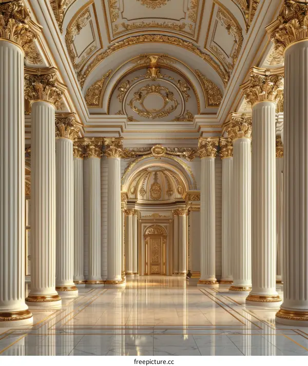 ornate hallway with marble floor and gold columns