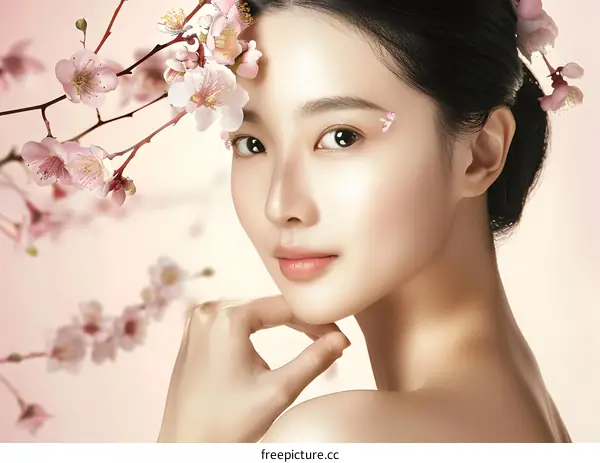 Beautiful Asian Woman with Pink Flowers and Soft Skin