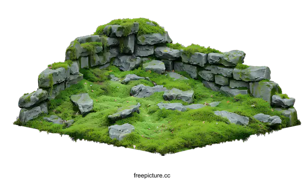 [Transparent Background PNG]Stone Wall and Green Moss Isolated on White Background