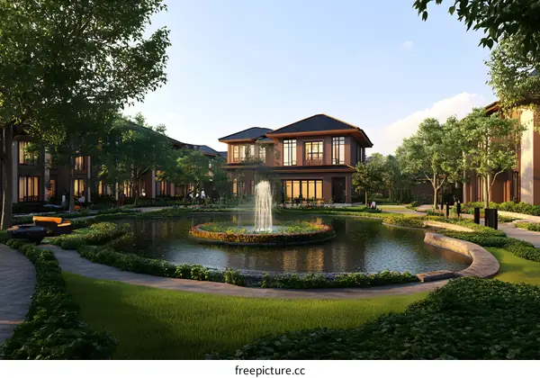 Modern Luxury Home with a Fountain and Pond