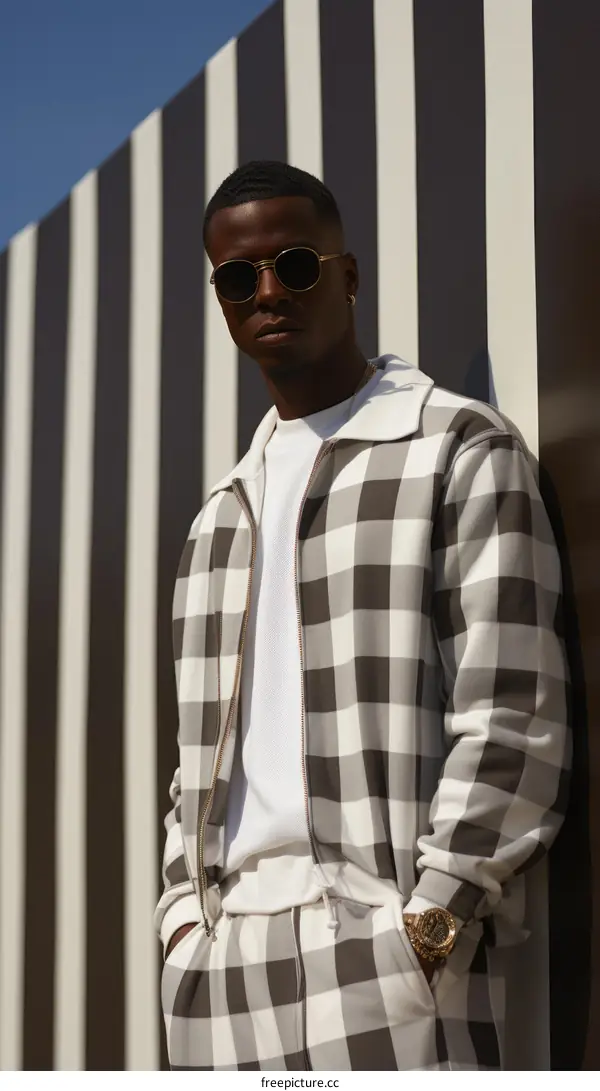 African-American Man in Checkered Suit and Sunglasses Posing by Striped Wall
