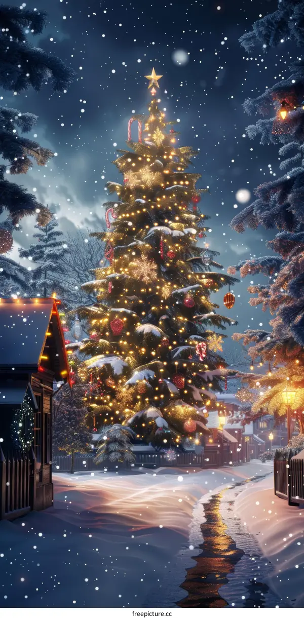 Snowy Christmas Street with Festive Lights