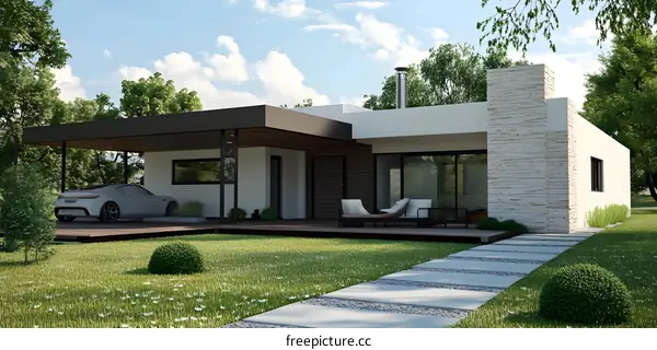 Modern White House with Stone Chimney and Green Grass Lawn