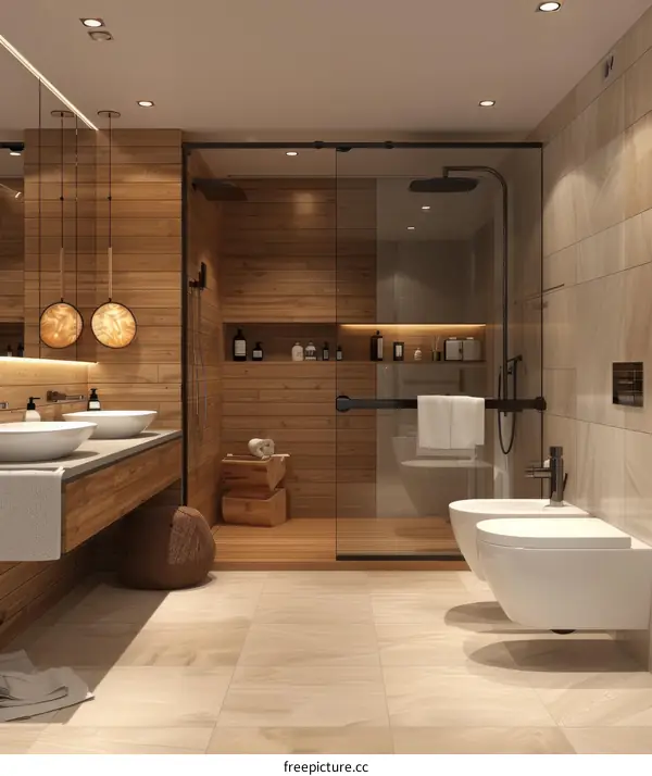 Modern Wooden Bathroom Design with Walk-in Shower