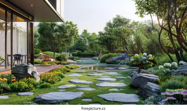 A Serene Garden Oasis with a Tranquil Pond and Stone Path