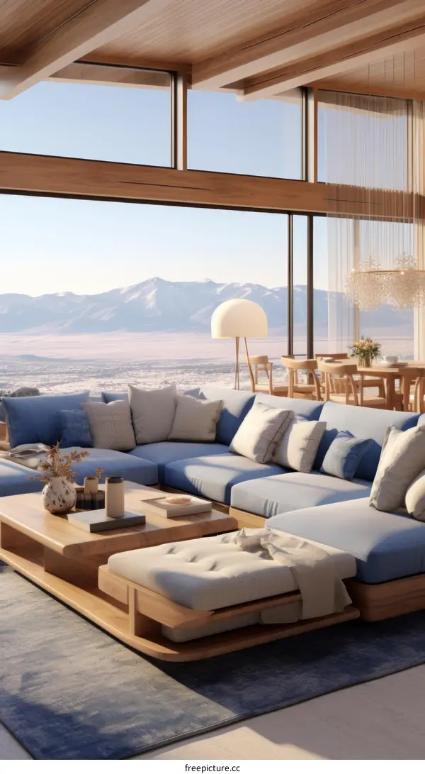 Modern living room interior with large windows and mountain views