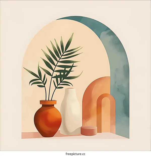 Abstract Minimalist Illustration with Vases and Palm Leaves