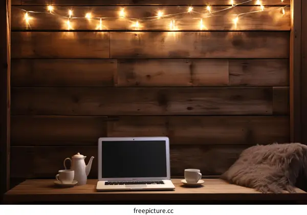 Cozy wooden home office workspace with laptop and teacups