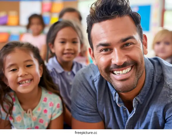Happy teacher with diverse group of students in classroom