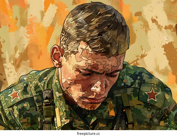 A soldier wearing a camouflage uniform with a red star on his shoulder is sweating profusely.