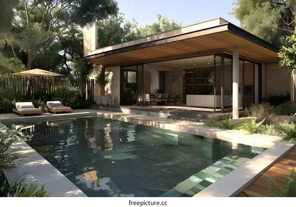 Modern House with Swimming Pool and Lush Greenery