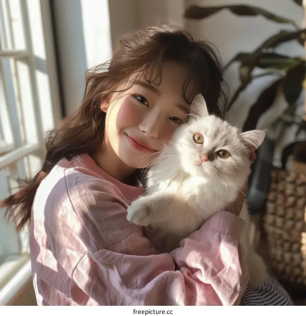 A young woman is hugging a white cat by the window