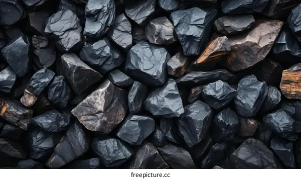 Dark, rough stones of various sizes with sharp edges