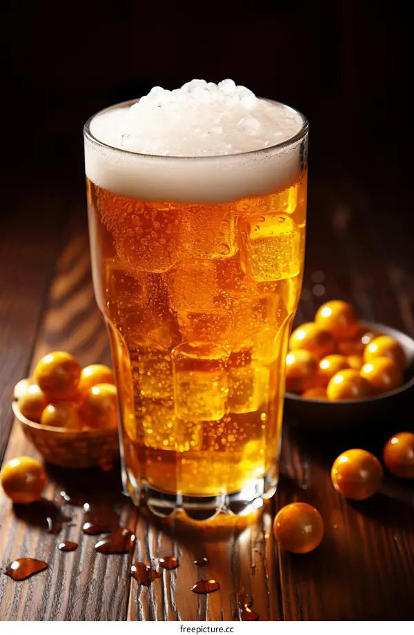 refreshing beer with ice cubes and golden berries on a wooden table