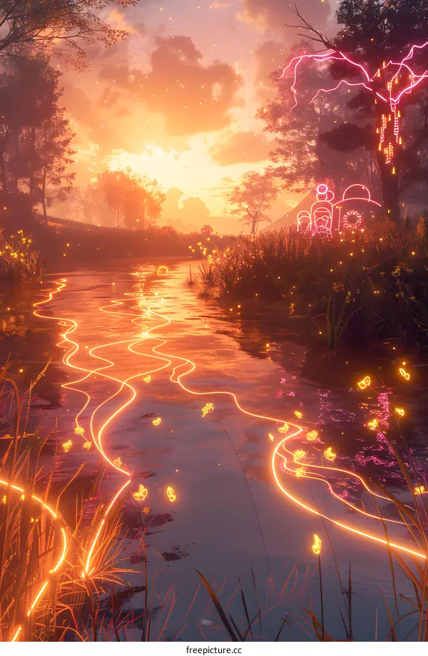 fantasy landscape with river and glowing butterflies