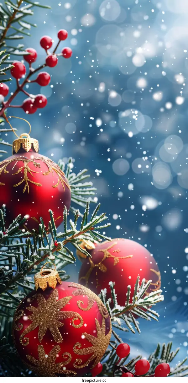 Red Christmas balls hanging on a snow-covered fir branch
