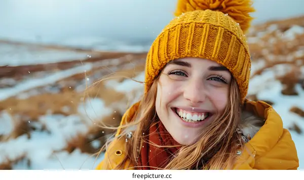 portrait of a smiling woman wearing a yellow beanie