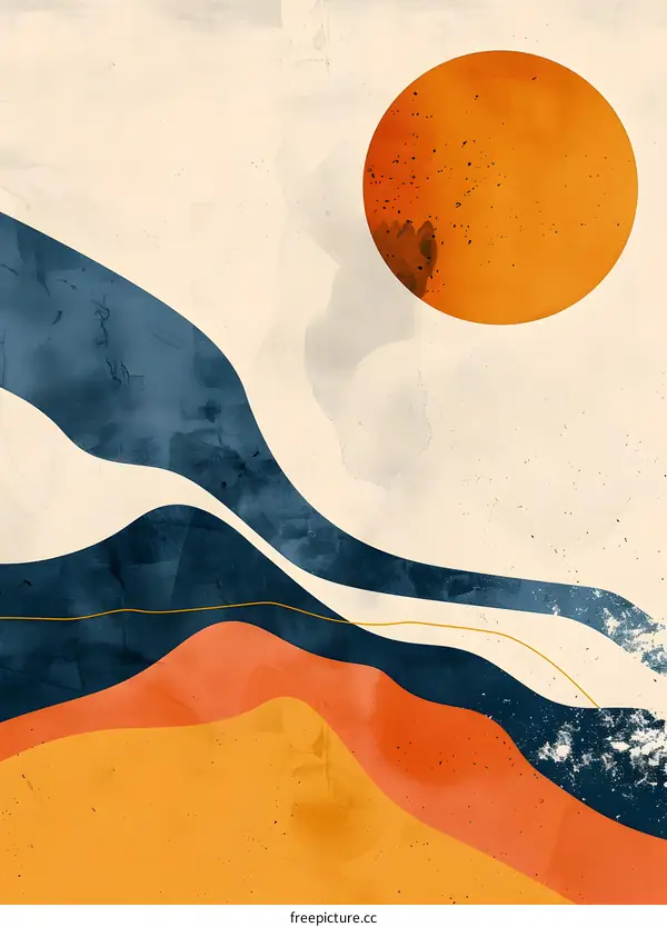 Abstract Landscape with Sun and Hills in Blue, Orange and Yellow