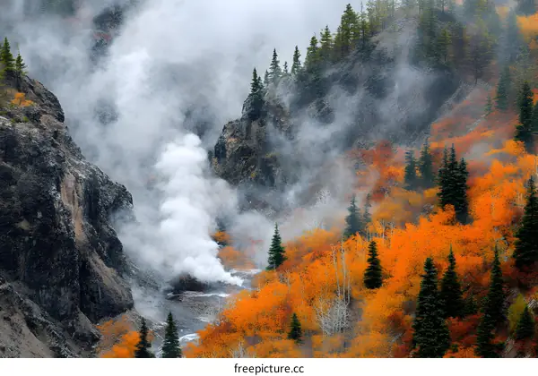 Steam Rising from the Forest in Autumn