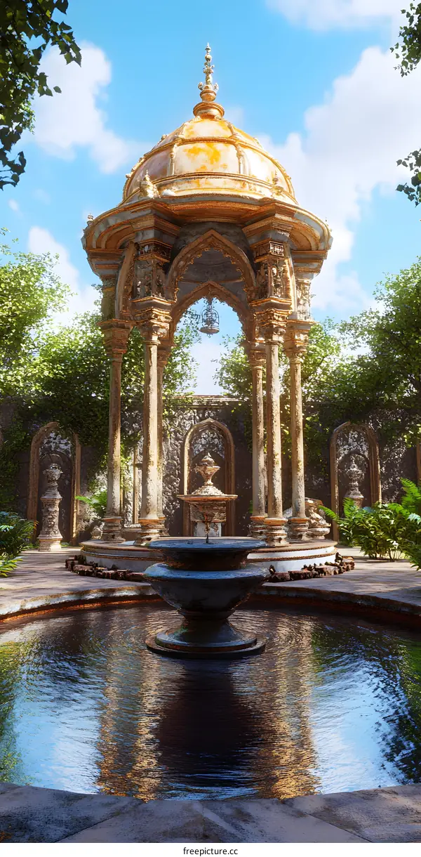 Ornate Golden Gazebo Over Water Fountain