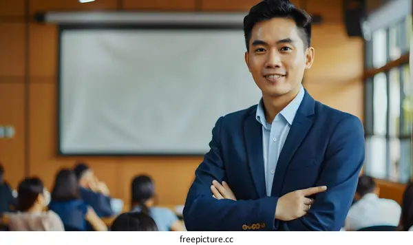 Smiling Asian Businessman in a Classroom Setting