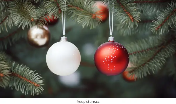 Two Christmas balls hanging on a fir tree branch