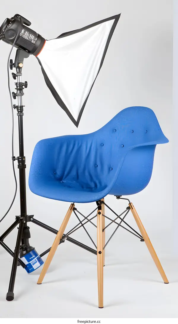 Blue Fabric Chair with Wooden Legs Studio Photography