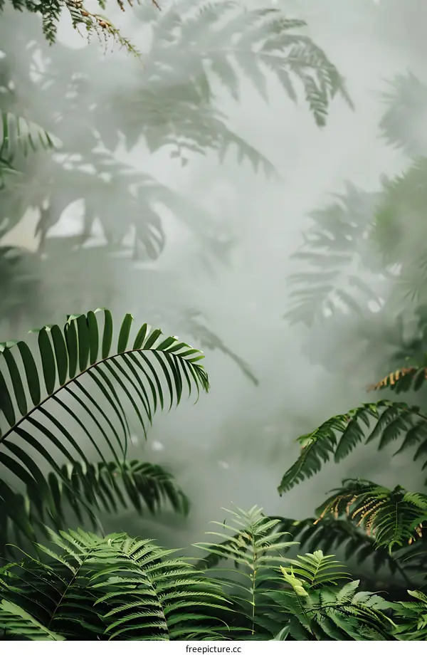 Green Leaves in Foggy Forest