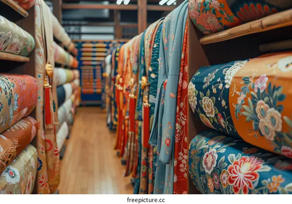 Rows of Colorful Fabric Rolls in a Shop