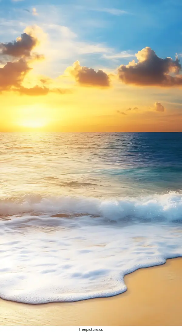 Golden Sunset Over the Ocean with Waves Crashing on the Shore