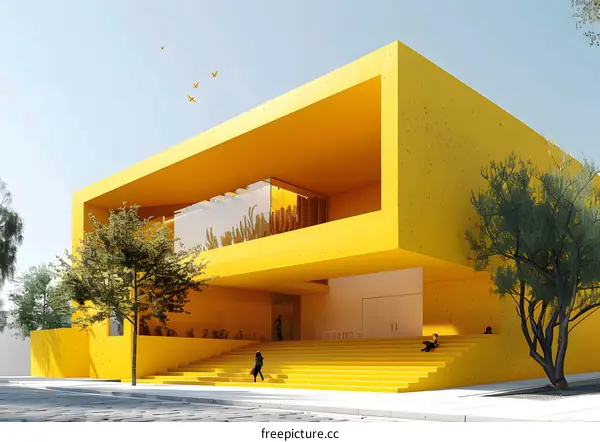 Yellow Modern Architecture Building with Steps and Birds Flying