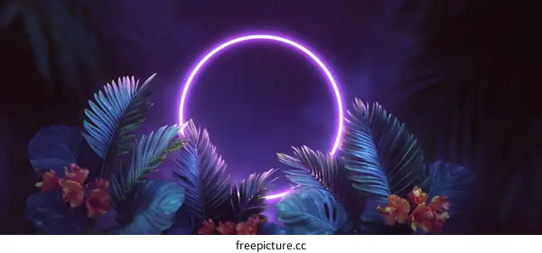 Neon Circle Frame with Tropical Plants
