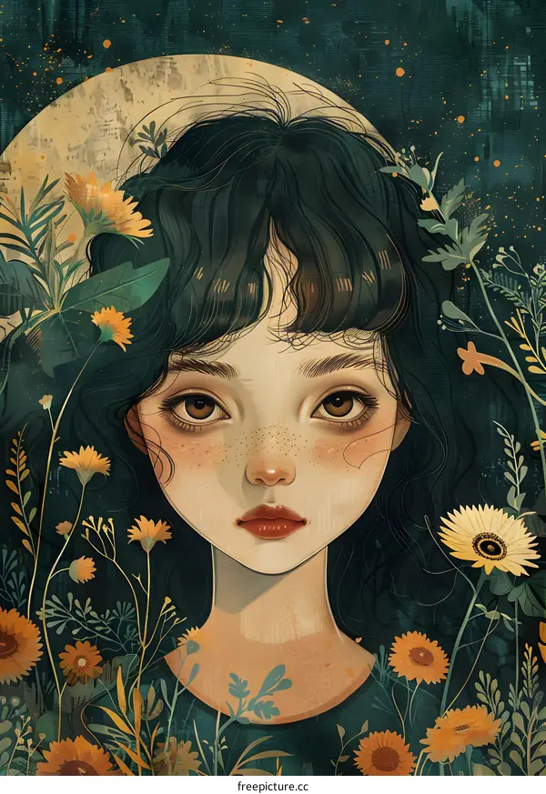 girl with freckles and flowers