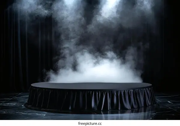 Empty Stage with Black Fabric Podium and Fog
