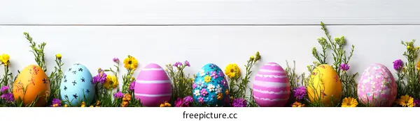 Easter Eggs Decorated with Flowers on White Wooden Background