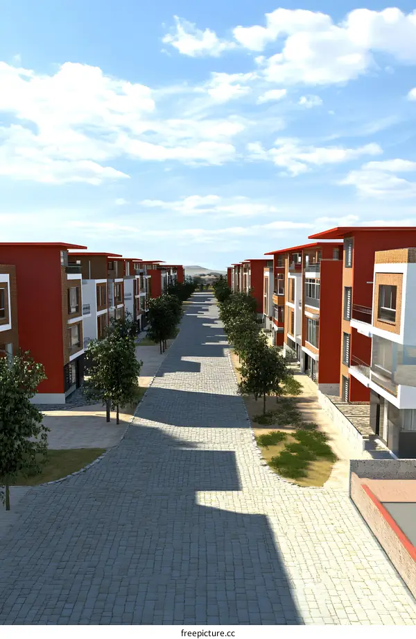 Modern Residential Street with Red Brick Buildings and Cobblestone Path
