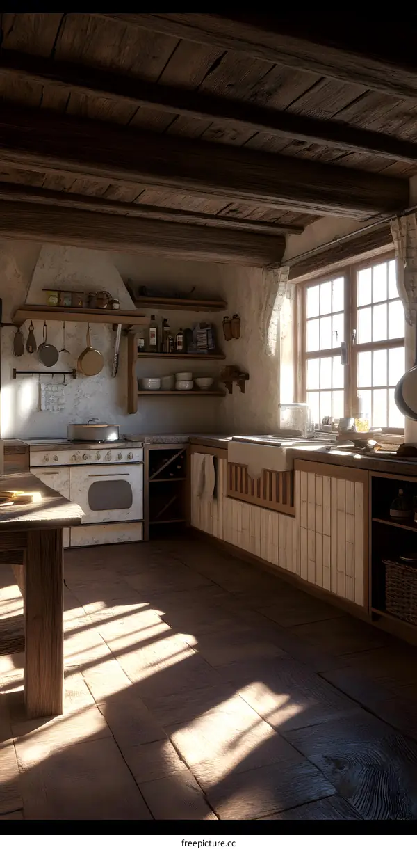 Rustic Kitchen Interior With Wooden Beams And Large Window
