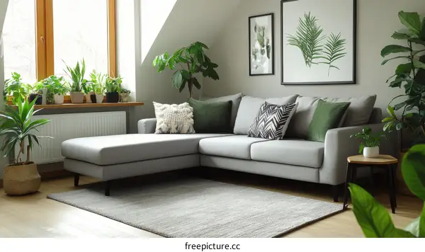 Modern Living Room with Greenery and Cozy Sectional Sofa